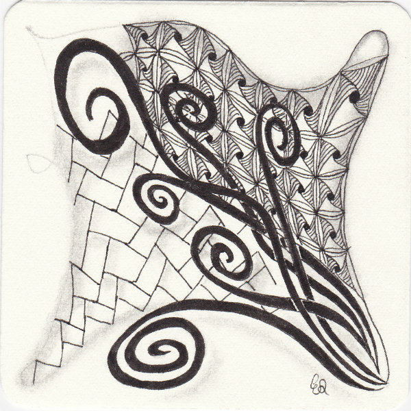Ein Zentangle aus den Mustern Gust, Travertine, Yew-Dee,  gezeichnet von Ela Rieger, CZT