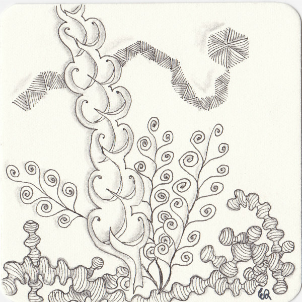 Ein Zentangle aus den Mustern Farn, Gutz, Scarabou, Swarm gezeichnet von Ela Rieger, CZT