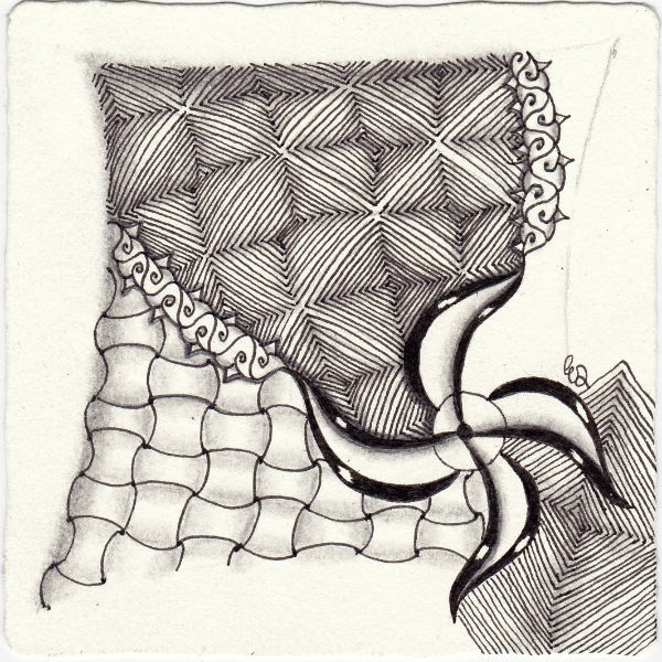 Ein Zentangle aus den Mustern Pin-Will, Huggins, Emingle, Jewellep gezeichnet von Ela Rieger, CZT