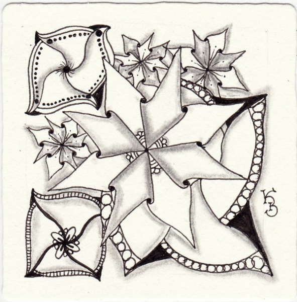 Ein Zentangle aus den Mustern Geerandola, Pussy Willow, Stella,  gezeichnet von Kathrin Bendel, CZT