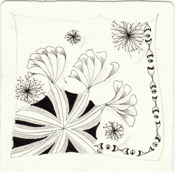 Ein Zentangle aus den Mustern Sogning, Sprangle, Tangleflake, Vamala gezeichnet von Ela Rieger, CZT