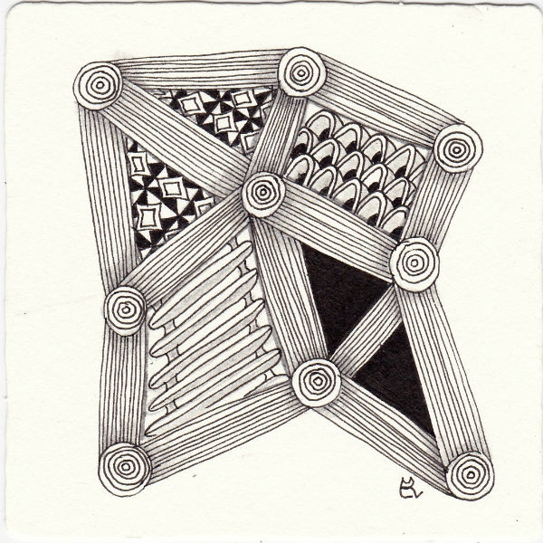 Ein Zentangle aus den Mustern Line Game, Radi8, Viaduct, Yabbut gezeichnet von Ela Rieger, CZT