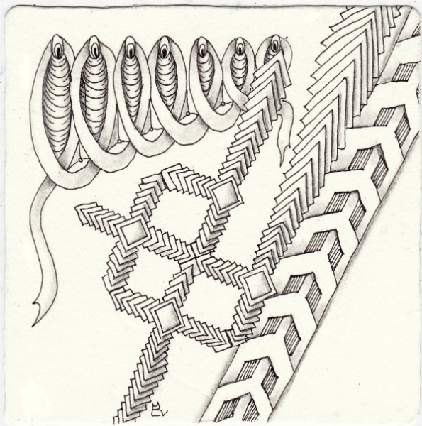 Ein Zentangle aus den Mustern Aztec, Cabana, Frizzed,  gezeichnet von Ela Rieger, CZT
