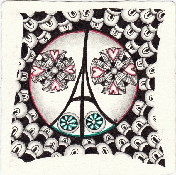 Ein Zentangle aus den Mustern Owlz, Molly, Kyoto,  gezeichnet von Ela Rieger, CZT
