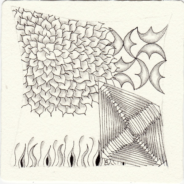 Ein Zentangle aus den Mustern Bault, Rosewood, Shuriken, Fing Rays gezeichnet von Ela Rieger, CZT