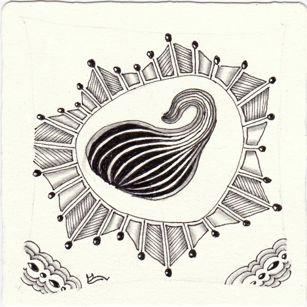 Ein Zentangle aus den Mustern gourdgeous, Radar Crown, Tierso,  gezeichnet von Ela Rieger, CZT