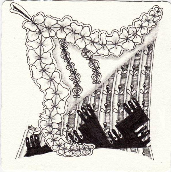 Ein Zentangle aus den Mustern Lealad, Loveline, Mashed, Wist gezeichnet von Ela Rieger, CZT