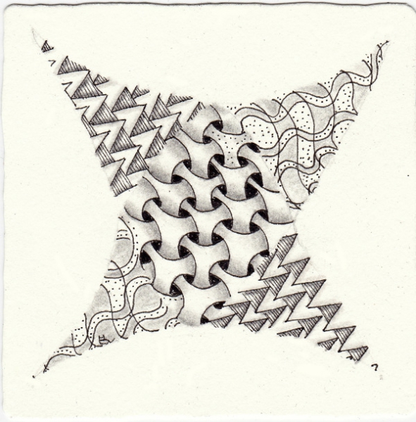 Ein Zentangle aus den Mustern Y-Ful Power, Schiefer , Waft,  gezeichnet von Ela Rieger, CZT