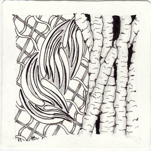 Ein Zentangle aus den Mustern Birch, Pladzy, Ududu,  gezeichnet von Ela Rieger, CZT