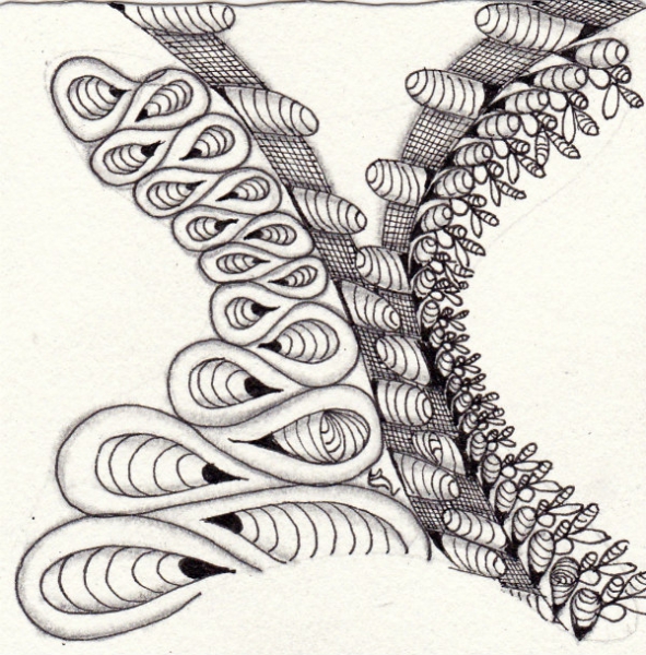 Ein Zentangle aus den Mustern Annet, Tipz, Zipper,  gezeichnet von Ela Rieger, CZT