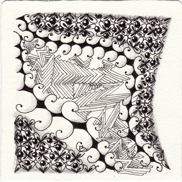 Ein Zentangle aus den Mustern Zello, Charmzy, Watusee,  gezeichnet von Ela Rieger, CZT