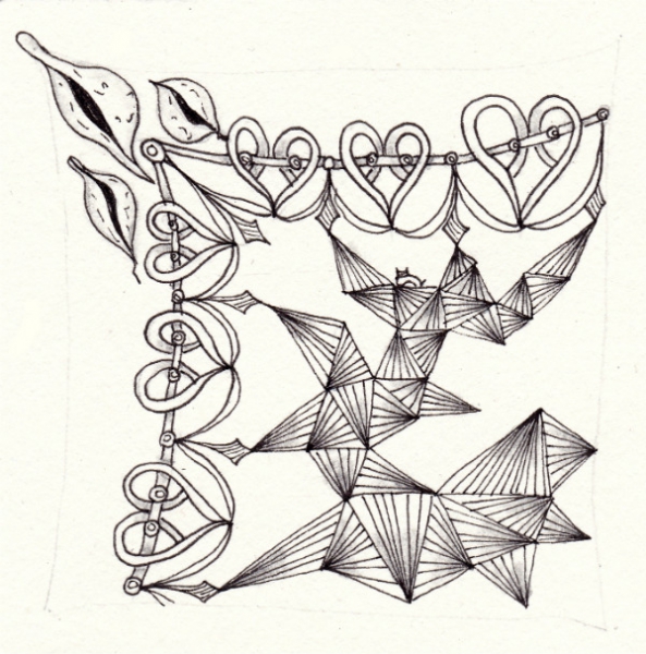 Ein Zentangle aus den Mustern Ineer, Munchin, Cupids Border,  gezeichnet von Ela Rieger, CZT