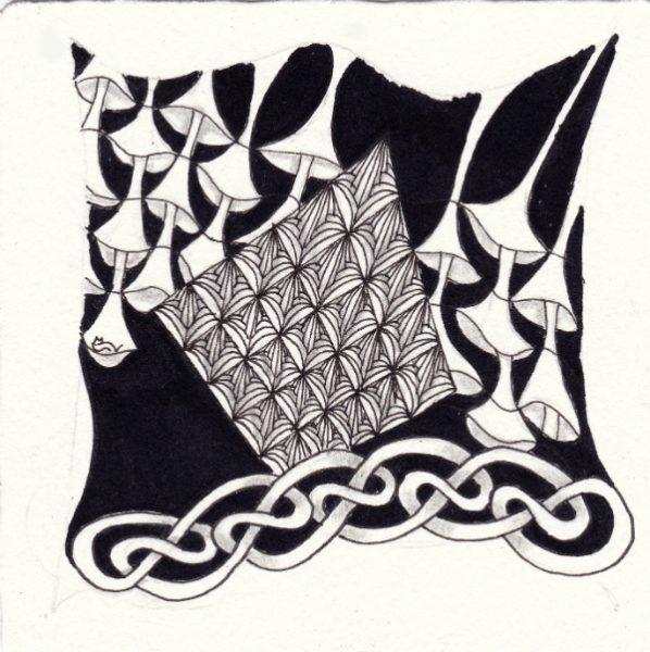 Ein Zentangle aus den Mustern Skye, Fungees, Hi-Cs,  gezeichnet von Ela Rieger, CZT