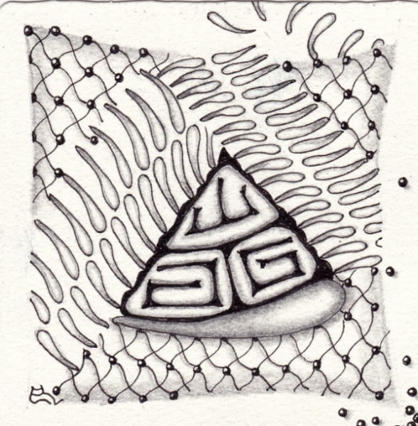 Ein Zentangle aus den Mustern Fish Net, Ribz, Tofube,  gezeichnet von Ela Rieger, CZT