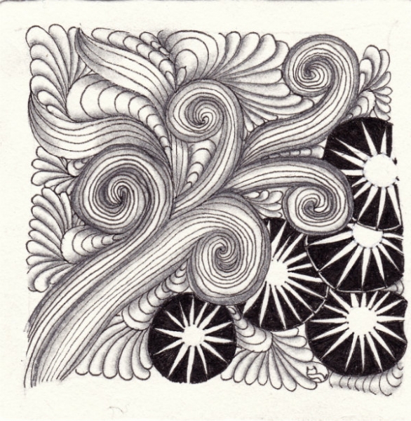 Ein Zentangle aus den Mustern Zizyphus, Opus, Wyoming,  gezeichnet von Ela Rieger, CZT