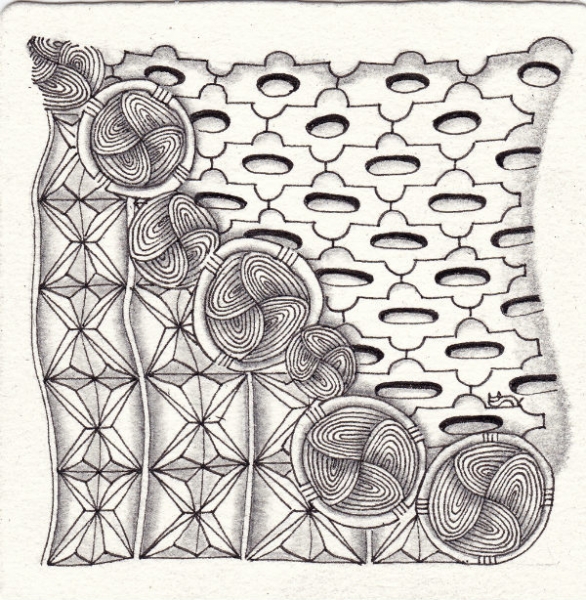 Ein Zentangle aus den Mustern Balustrade, Thumbprintz, Sird,  gezeichnet von Ela Rieger, CZT