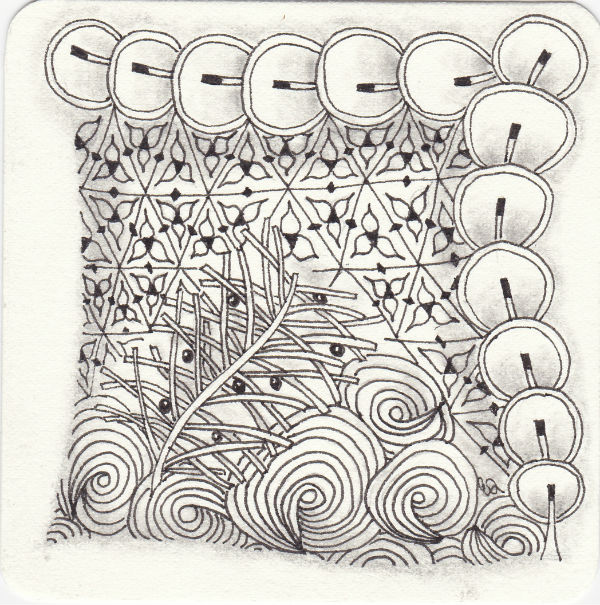 Ein Zentangle aus den Mustern Spoolies, Trimond, Verdigogh, Yuan gezeichnet von Ela Rieger, CZT