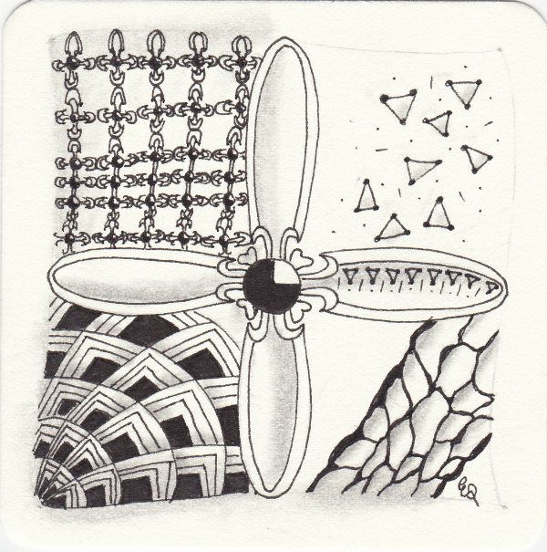 Ein Zentangle aus den Mustern Croscro, Flukes, Kathys Dilemma, Mura gezeichnet von Ela Rieger, CZT