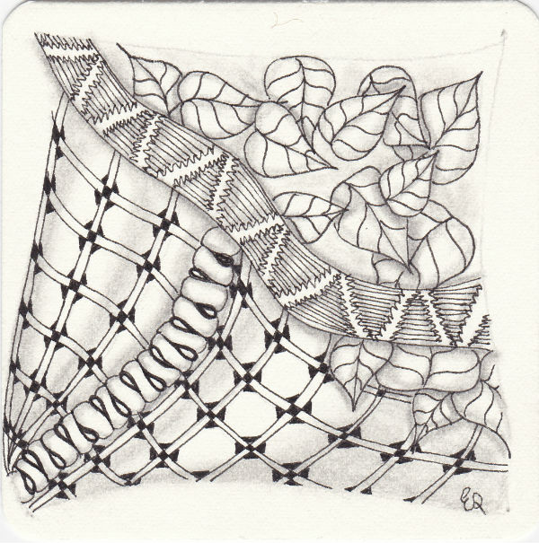 Ein Zentangle aus den Mustern Alabastro, Double Florz, Drakon, Fang gezeichnet von Ela Rieger, CZT