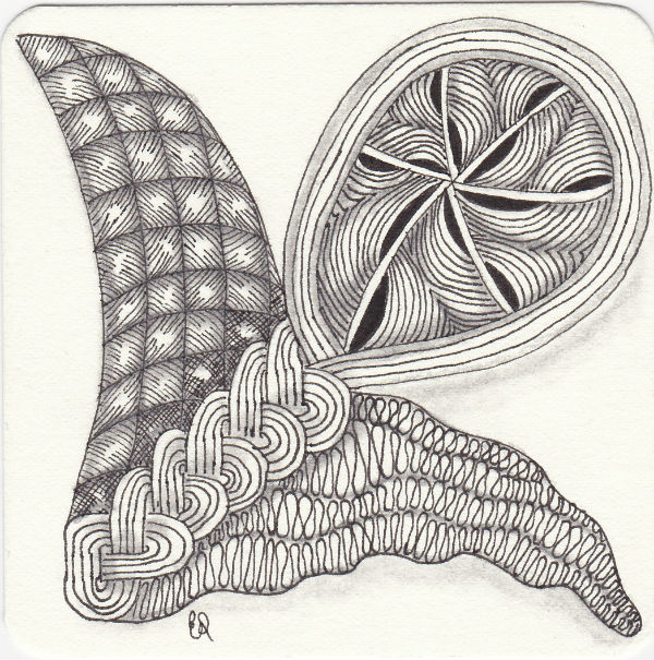 Ein Zentangle aus den Mustern Cruze, Ixorus, Wadical, Yincut gezeichnet von Ela Rieger, CZT