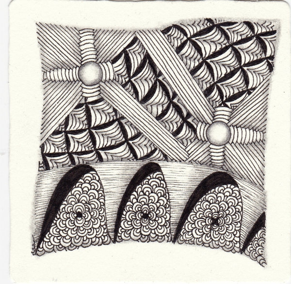 Ein Zentangle aus den Mustern Arc Flower, Arukas , R-Ches, Warble , gezeichnet von Ela Rieger, CZT.