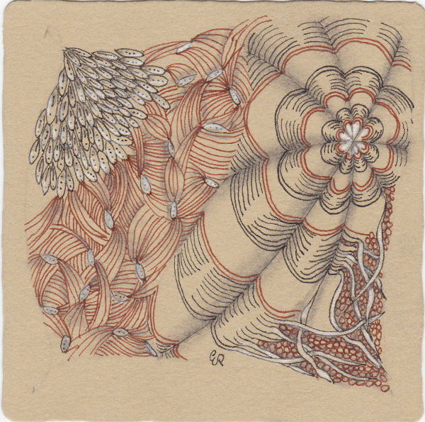 Ein Zentangle aus den Mustern Dyon, Mysteria, Spangle, Yuma gezeichnet von Anya Ipsen