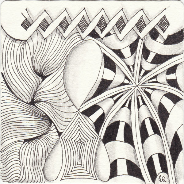 Ein Zentangle aus den Mustern Chebucto, Echoism, Fracas, Scena gezeichnet von Ela Rieger, CZT