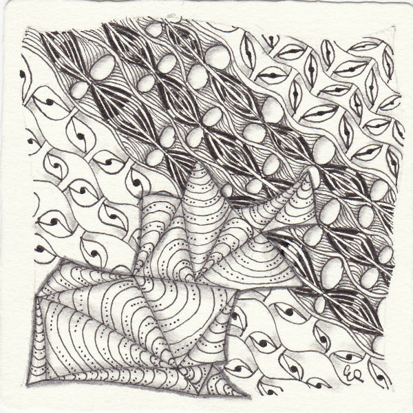 Ein Zentangle aus den Mustern Y-Flip, Isochor, Unyun,  gezeichnet von Ela Rieger, CZT
