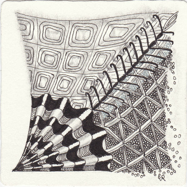Ein Zentangle aus den Mustern Skwirl, Etcher, Galatea, Centipede gezeichnet von Ela Rieger, CZT