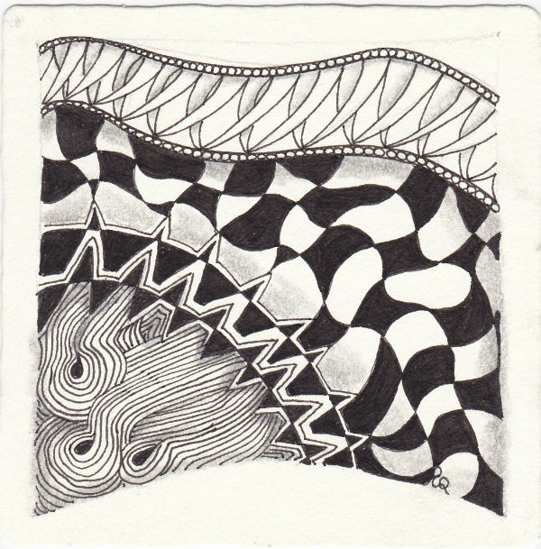 Ein Zentangle aus den Mustern Kloonz, Rain, Knightsbridge, Dansk gezeichnet von Ela Rieger, CZT