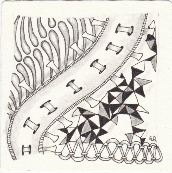 Ein Zentangle aus den Mustern Matuvu, Railwayz, Tringle, Ribz gezeichnet von Ela Rieger, CZT