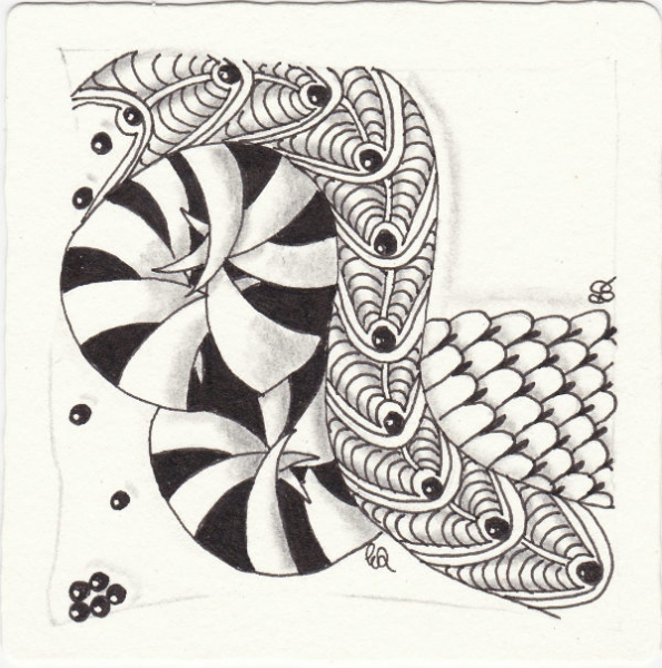 Ein Zentangle aus den Mustern Tagh, Y-Not, Cirquital,  gezeichnet von Ela Rieger, CZT
