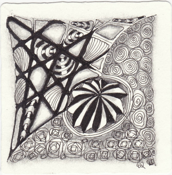 Ein Zentangle aus den Mustern Kule, Gneiss, Vitruvius, Cockles n Mussels gezeichnet von Ela Rieger, CZT