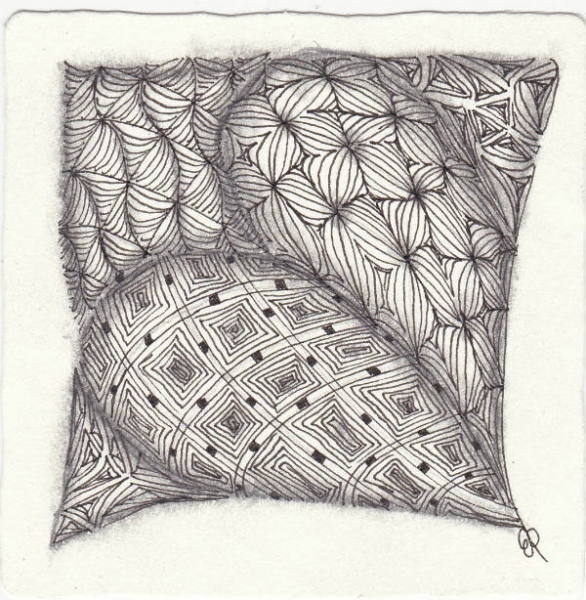 Ein Zentangle aus den Mustern Puf, Tripoli, Sails, Trivet gezeichnet von Ela Rieger, CZT