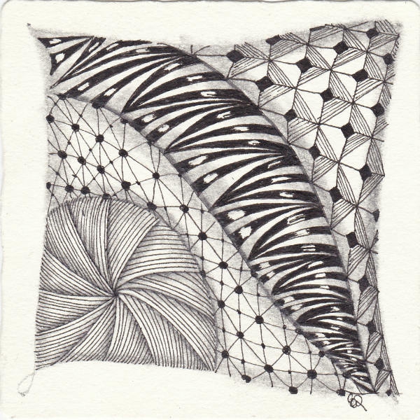 Ein Zentangle aus den Mustern Patena, Trivolution, Zedbra, Dex gezeichnet von Ela Rieger, CZT