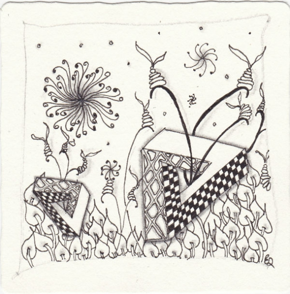 Ein Zentangle aus den Mustern Pokeleaf, Penrose, Springkle, Pufff gezeichnet von Ela Rieger, CZT
