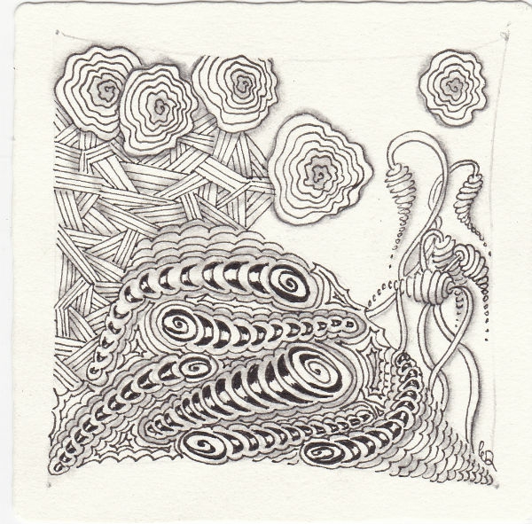 Ein Zentangle aus den Mustern Nekton, Teenos, Zinger, Cogwheel gezeichnet von Ela Rieger, CZT