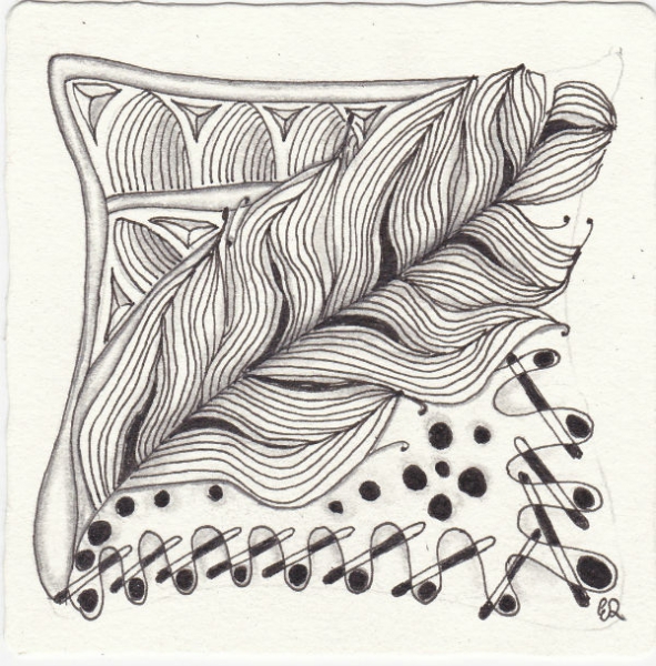 Ein Zentangle aus den Mustern Featherfall, Tongue-Depressed, Tropicana,  gezeichnet von Ela Rieger, CZT