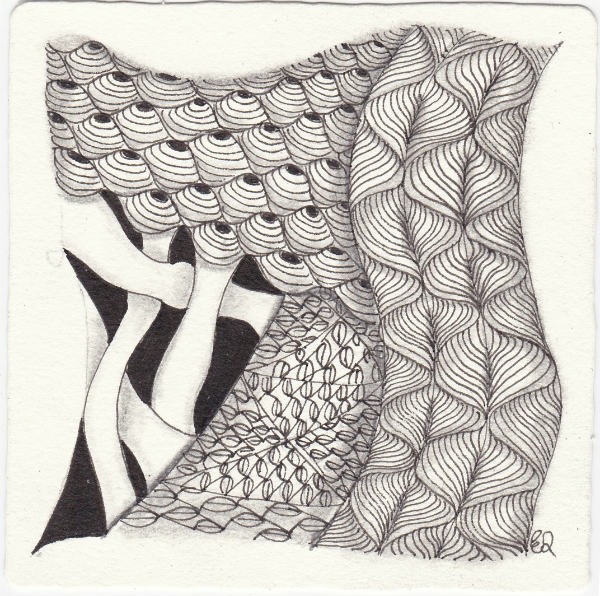 Ein Zentangle aus den Mustern Hydra, Leaflet, Jilli, Hollibaugh gezeichnet von Ela Rieger, CZT