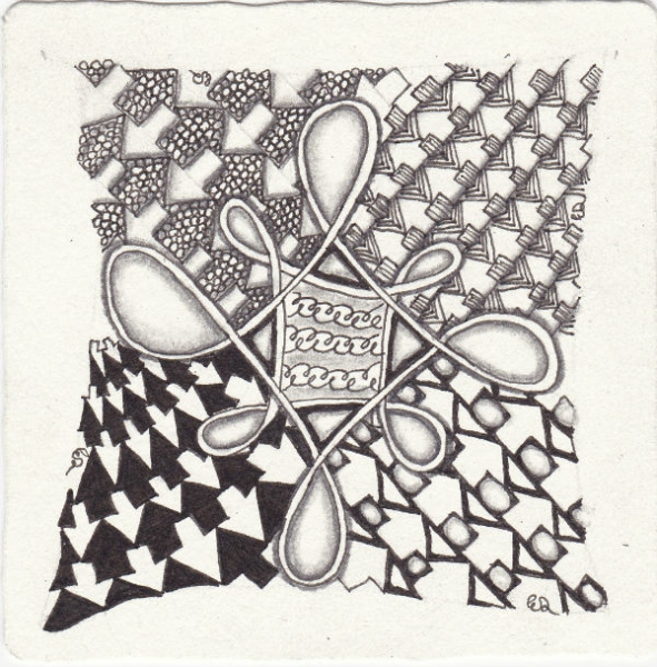 Ein Zentangle aus den Mustern Eke, Schway, Hope,  gezeichnet von Ela Rieger, CZT