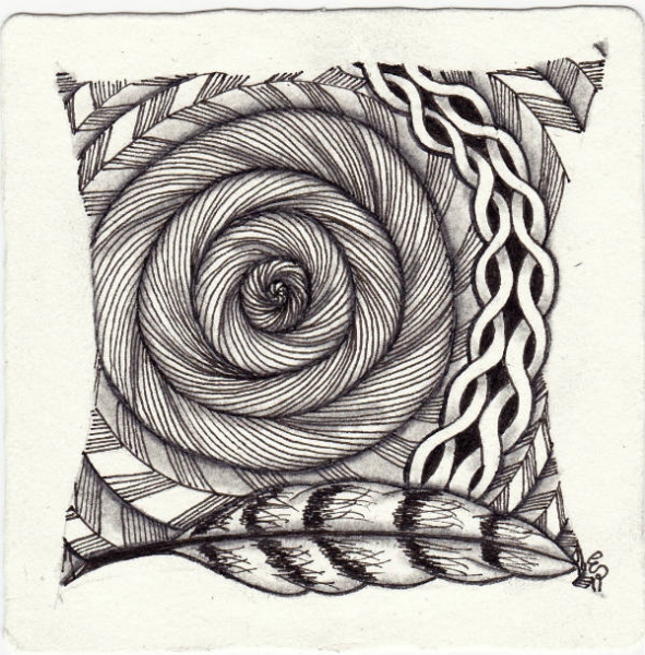 Ein Zentangle aus den Mustern Jonqal, Niuroda , Elven, Jay gezeichnet von Ela Rieger, CZT
