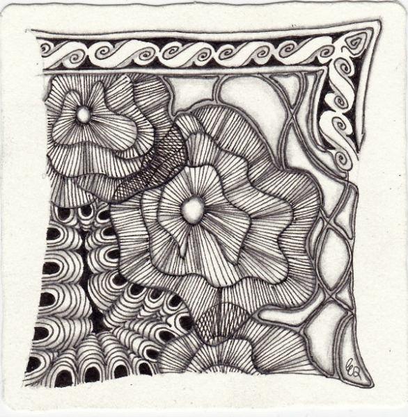 Ein Zentangle aus den Mustern Flormeoba, Crescent Moon, Lamar, Nzeppel gezeichnet von Ela Rieger, CZT