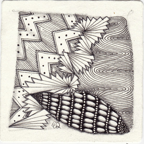 Ein Zentangle aus den Mustern Purk, Steps, Raddox, Wud gezeichnet von Ela Rieger, CZT