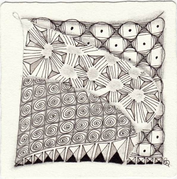Ein Zentangle aus den Mustern Shauna, Tootle, Pinch, Tortuca gezeichnet von Ela Rieger, CZT