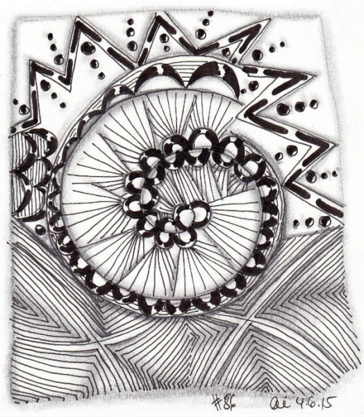 Ein Zentangle aus den Mustern Chartz, Footlites, Xircus, Crezn't gezeichnet von Anya Ipsen