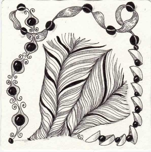 Ein Zentangle aus den Mustern Chimidle, Flameta, Kurlllz, Binial gezeichnet von Ela Rieger, CZT