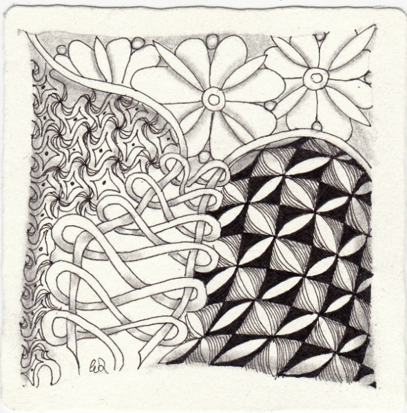 Ein Zentangle aus den Mustern Strimonds, Murphy, Plezo, Windu gezeichnet von Ela Rieger, CZT