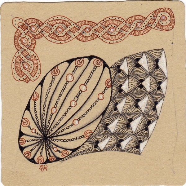 Ein Zentangle aus den Mustern Signalz, Twistle, Fleurette, Danglez gezeichnet von Ela Rieger, CZT