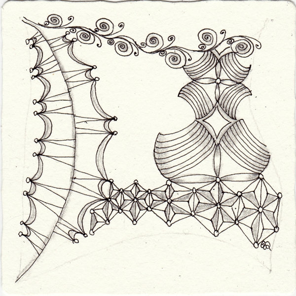 Ein Zentangle aus den Mustern Scrollwork, Sowa, Spention, Wunderwall gezeichnet von Ela Rieger, CZT