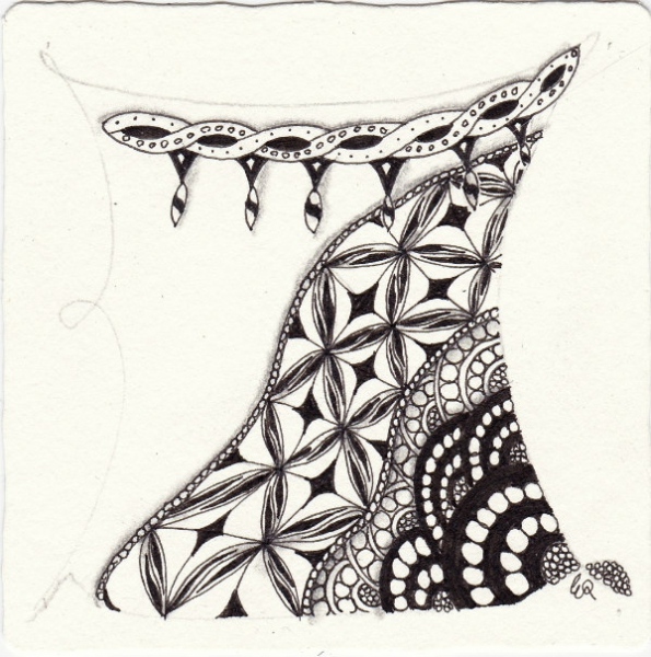 Ein Zentangle aus den Mustern Shamber, Sindoo, Spuds And Sprouts, Zickle gezeichnet von Ela Rieger, CZT